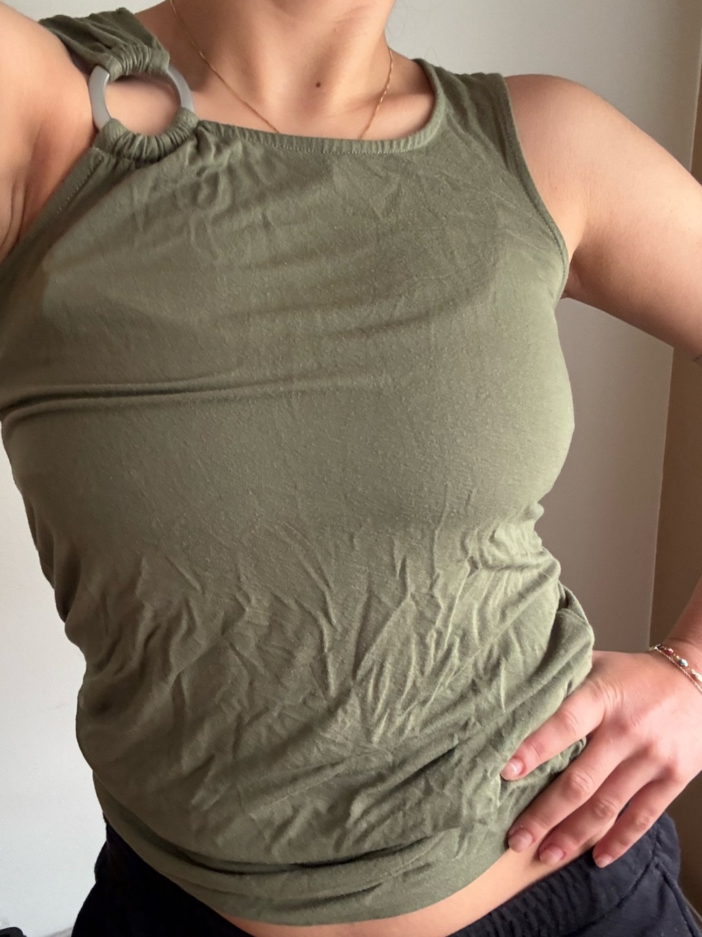 Olive Ruched-Hem Tank with Shoulder Ring Detail